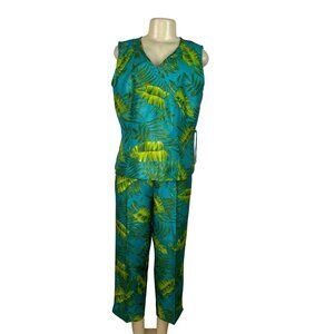 Sag Harbor Womens Blue Tropical Set W/ Wrap Shirt & High-Waisted Pants Size 14